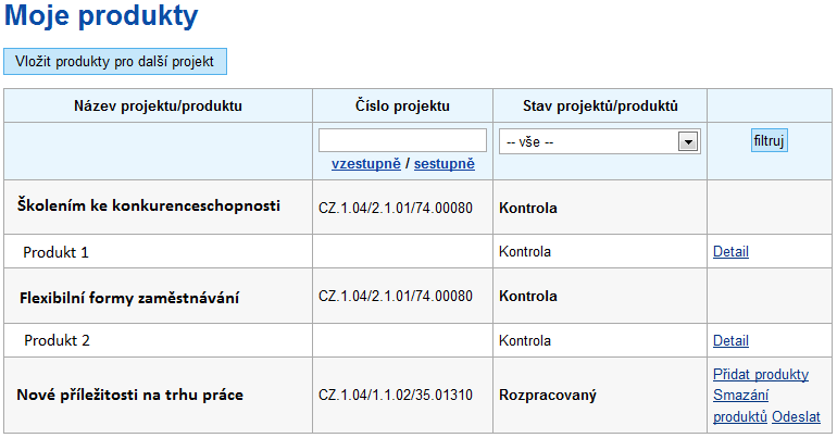 Přehled vložených produktů Na stránce Moje produkty je uveden přehled všech vložených produktů s uvedením stavu projektů (vztahující se k projektu jako celku z hlediska kontroly korektnosti