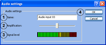 DiBos Instalační příručka CS 51 Změna nastavení audio Nabídka Videopřipojení a audiopřipojení Oblast Audiovstup Změnit Zde lze změnit název a zesílení každého audiovstupu.