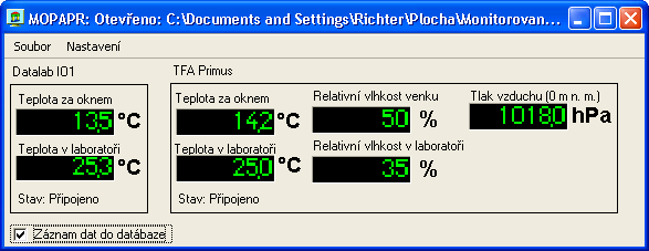 Strana 50 4 Realizace laboratorního modelu dostupné volitelné možnosti zapamatování poslední otevřené databáze a umožnění zápisu hodnot do databáze ihned po startu aplikace.