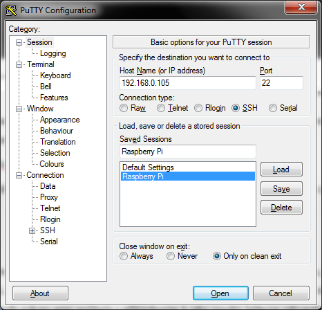 Po zjištění IP adresy je třeba spustit program PuTTY, který slouží ke vzdálenému přístupu.