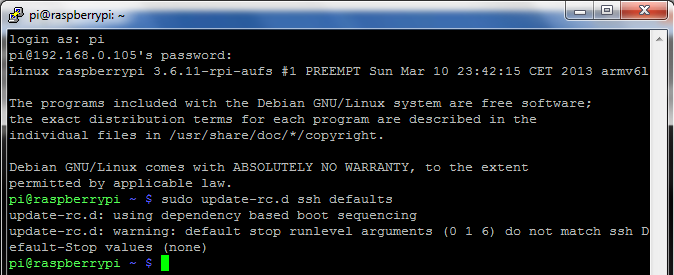 Obrázek 9: Připojení přes PuTTY k Raspberry Pi 2.3.2 Instalace FTP Zadání: Nainstalujte FTP protokol, pro přenos souborů. Otestujte přes příkazový řádek Windows a program WinSCP.