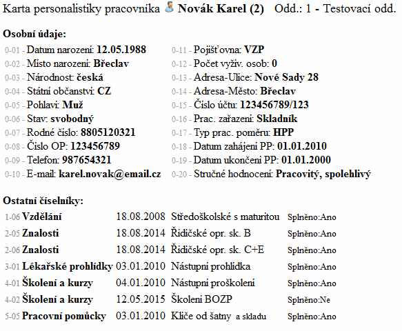 Jméno vybraného pracovníka je tedy zobrazeno vždy nahoře a za ním je oddělení, do kterého je zařazen.