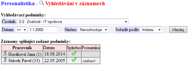 Vyhledávání v záznamech: Vyhledávat zaměstnance splňující určitá kritéria je možné pomocí tlačítka Vyhledávání v záznamech dostupného na úvodní obrazovce personalistiky.