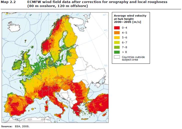 54 Pokyny EU k rozvoji větrné energetiky v souladu s právními předpisy EU o ochraně přírody Obrázek 8: Údaje o větrných polích po korekci orografických a místních nepřesností (na základě odhadu