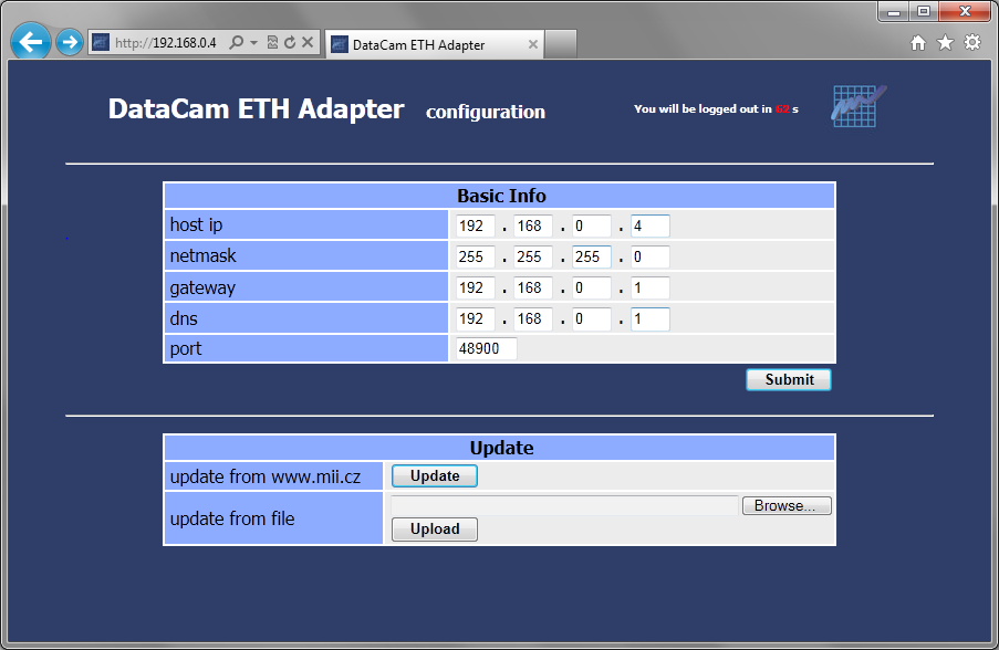 DataCam ETH Adapter Aby se dalo s jednotkou po prvním zapnutí spojit, je nutné ji připojit do sítě s výše definovanými parametry (vyhoví např.