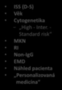 KONVENČNÍ CHEMOTERAPIE (historická léčba) MM LÉČEBNÉ MOŽNOSTI MM CHEMO-IMUNOTERAPIE (IT) ± VDT/ATKB (výb. allo) PODPŮRNÁ LÉČBA VÝBĚR LÉČBY ISS (D-S) Věk Cytogenetika High - Inter.