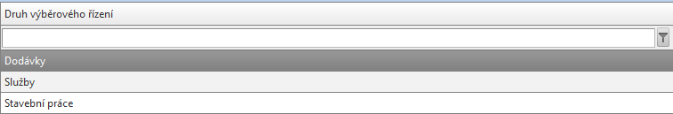 s dodavatelem uzavřena, ale k plnění zakázky nedošlo (např. z důvodu odstoupení od smlouvy apod.). Druh výběrového/zadávacího řízení Vyplňuje žadatel výběrem ze seznamu.