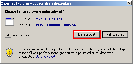 Obr. 24 - Instalace ActiveX prvku Po instalaci bude zobrazen přihlašovací dialog, do kterého zadáme přihlašovací údaje k webovému rozhraní (DODATEK E Konfigurační