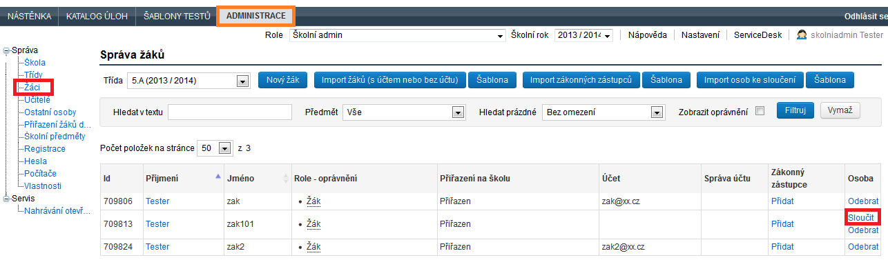 každý žák musí být v jedné třídě. Před opětovným stisknutím je vhodné nejprve tlačítkem Obnovit stránku zjistit, zda již ke kopírování došlo nebo ne.