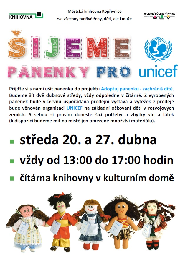 Přijďte si s námi ušít panenku do projektu Adoptuj panenku - zachráníš dítě. Budeme šít dvě dubnové středy, vždy odpoledne v čítárně.