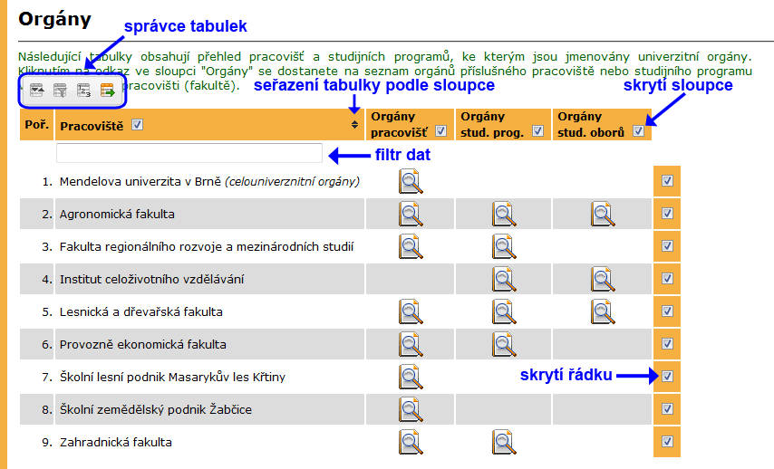 3 ZÁKLADNÍ PRINCIPY UŽÍVÁNÍ UIS razení pouze skryto, nic se nemaže. Po opětovném načtení stránky nebo deaktivaci funkce filtrování je tabulka zobrazena v původní podobě.