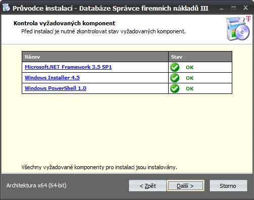 20 Instalace - krok 3 - výběr typu instalace a instalovaných komponent 4. V dalším kroku se spustí kontrola vyžadovaných součástí.