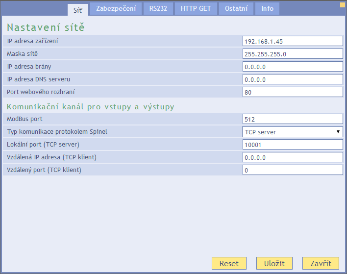 S í ť Nastavení síťových parametrů zařízení, režimu a komunikace TCP/UDP datovým kanálem. IP adresa zařízení obr. 5 panel nastavení sítě IP adresa zařízení.