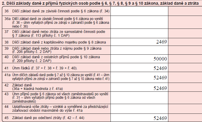 Zdanění kapitálových příjmů v daňovém přiznání Prodej cenných papírů, podílů na podílových fondech Údaj o zdanitelném příjmu z prodeje cenných papírů se automaticky propíše na řádek č.