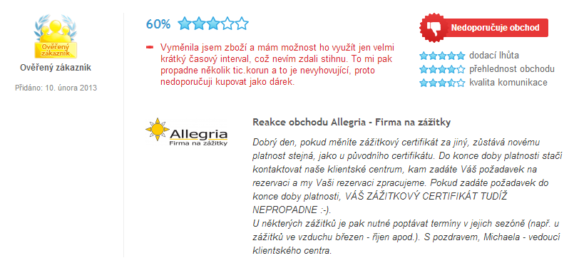 Obrázek č. 18 Příspěvky zákazníků ESENNCE.CZ na www.heureka.cz Zdroj: www.heureka.cz Obrázek č.