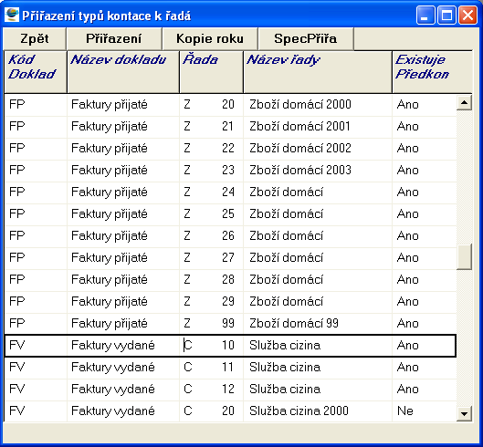 Kopii roku. Buton SpecPřiřa má význam jen u faktur vydaných, kdy se může vybraným firmám přiřadit zcela speciální předkontace.