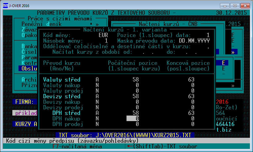 3.3.3.4.2 PARAMETRY PŘEVODU Jedním převodem lze do souboru kurzů načíst pouze jednu měnu. Obsahuje-li textový soubor kurzy pro více měn, lze další měnu převést po změně parametrů.