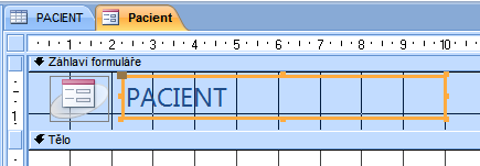 3) Návrh formuláře je rozdělen na tři části a. Záhlaví formuláře b. Tělo c. Zápatí formuláře Zkusíme změnit nadpis formuláře. Teď máme na formuláři slovo PACIENT. Změníme toto slovo na Karta pacienta.