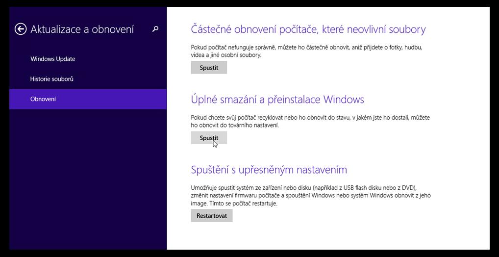 c) V oblasti Úplné smazání a přeinstalace Windows klepněte nebo klikněte