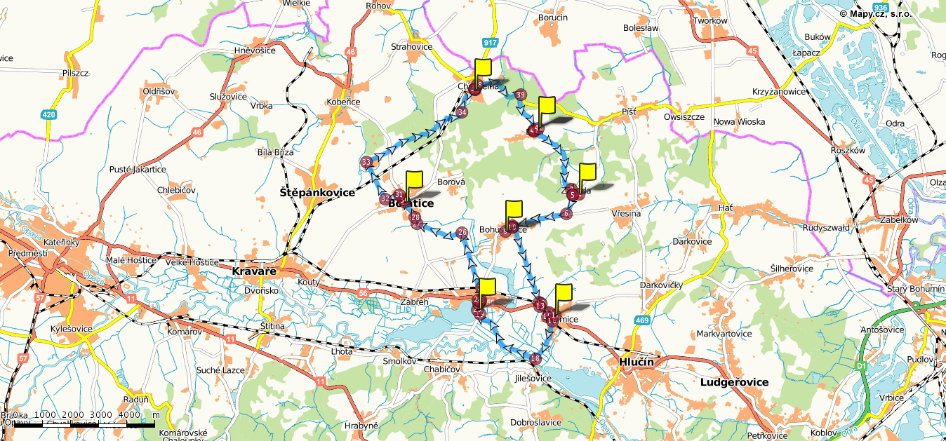 Trasa č. 3 Bělá Závada Bohuslavice Kozmice Dolní Benešov Bolatice Chuchelná Bělá Délka trasy: 32.9 km; Čas trasy: 01:56:00; Stoupání: 374 m; Klesání: 374 m; Minimální nadm.