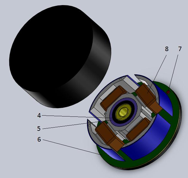 Obr. 3.12 Vnější rotor motorku s radiálním tokem Stator je tvořen kostrou (4), na které jsou upevněna ložiska (5).