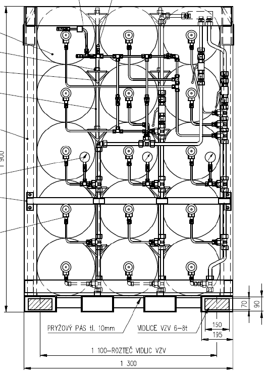 Obr.: Výkres zásobníku stlačeného zemního plynu Priority panel plnění Panel priority plnění je zařízením, které slouží k přesměrování proudu stlačeného zemního plynu přitékajícího z kompresorové