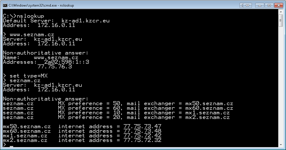 Obrázek 69 - Použití příkazu nslookup v OS rodiny Microsoft Zdroj vlastní konstrukce Po spuštění příkazu nslookup jste informováni o právě používaném DNS serveru. Na obrázku se jedná o server 172.16.