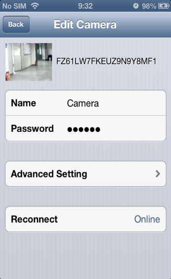 Name Název zařízení Password Heslo 000000 Advanced Setting Přístup ke změnám systémového nastavení Reconnect Aktualizace / restart síťového