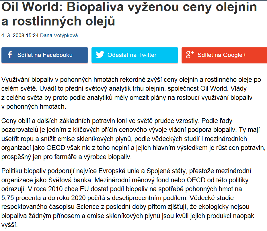 Vizionářská předpověď z roku 2008 Využívání biopaliv zvýší ceny olejnin