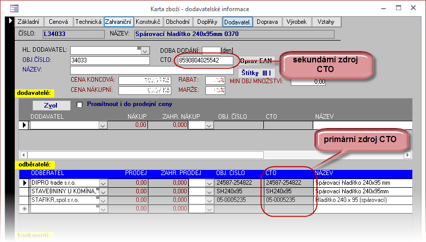 26 Soft-4-Sale G6.07A Zapnutí príznaku = tisk cárového kódu u císla zboží. Zdrojem čárového kódu je pole CTO na "Základní" kartě zboží. Přednost však má pole CTO na kartě "Dodavatel".
