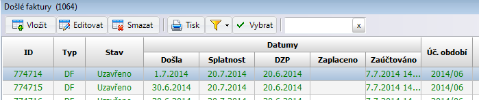 6. Došlé faktury Volba Náklady Došlé faktury. 6.1. Nastavení zobrazení došlých faktur 6.2. Pořízení došlé faktury 6.2.1. Pořízení položky z objednávky Ve volbě Servis Konfigurace aplikace Nastavení nastavíte barvu zobrazení neuzavřených resp.