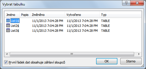 Vytvoření dokumentů hromadné korespondence v dialogovém okně Vybrat tabulkuvybereme list, na kterém jsou uložena data přesvědčíme se,