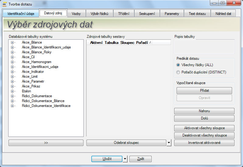 Vlevo dole jsou ještě umístěna tlačítka s názvy Nový dotaz, Exportovat definici dotazu jako XML soubor a Importovat definici dotazu ze souboru.