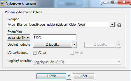 GENERÁTOR SESTAV PŘÍKLAD obrázek 62 přidání výběrového kritéria Obrázek 63 Tvorba dotazu Výběr řádků V okně