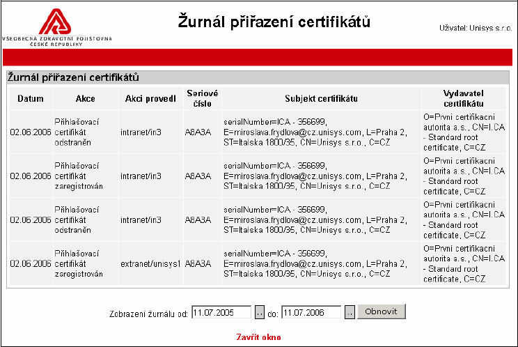 Obrázek 5 Žurnál přiřazení certifikátů [zdroj: http://www.vzp.cz/cms/internet/cz/vseobecne/portal/uzivatelska-dokumentace-portal/up_ex-elpod-uvod_1_3.