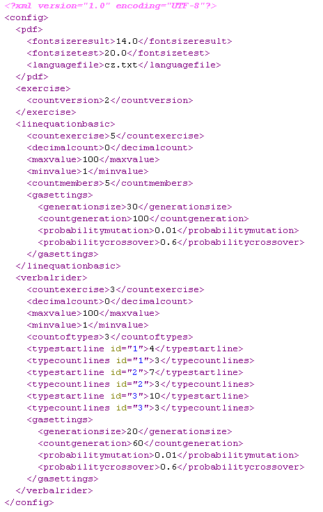 5.4 Konfigurační soubor Obrázek 5.1: Ukázka konfiguračního souboru. Konfigurace je uložena jako XML soubor, který se jmenuje config.xml. Ukázka tohoto konfiguračního souboru je na obrázku 5.1. Nyní následuje popis jednotlivých tagů a významu jejich dat.