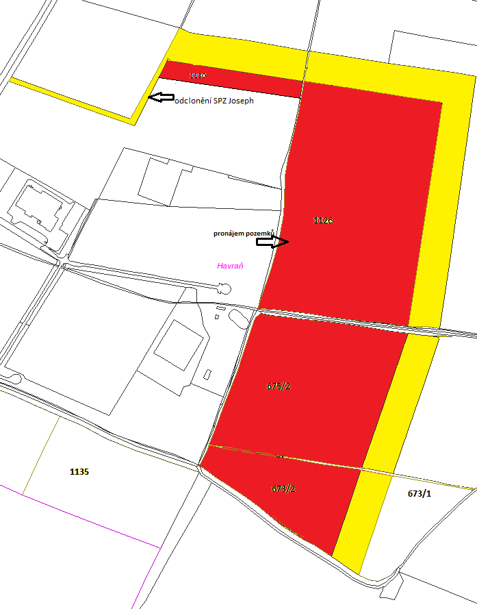 g) část ppč. 1128 o výměře 45.790 m 2 - nebude předmětem nájmu, bude nově část ppč. 1130 o výměře 45.790 m 2, vše v k.ú. Havraň lokalita SPZ Joseph, za smluvní nájemné 396.