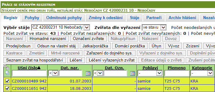 Po vytvoření stáje označte nepasená zvířata a přesuňte je pomocí tlačítka Odsun na vlastní stáj.