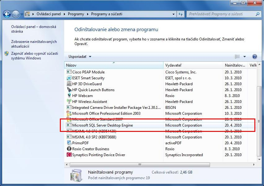 1.c. Na obrazovce Programy zvolte volbu Programy a součásti 1.d. Hledejte položku: Microsoft SQL Server Desktop Engine.
