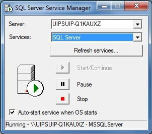 3.d. Ve spuštěném okně SQL Server Service Manager zaškrtněte položku Autostart service when OS starts a spusťte službu ( Services ) SQL Server stisknutím tlačítka se zeleným trojúhelníkem. 3.e. Při instalaci v prostředí Windows Vista nebo Windows 7 se mohou při provádění bodu 3.