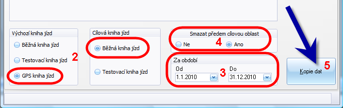 stažena. Aby jste mohli jízdy vyhodnocovat je nutné zkopírovat data z GPS knihy jízd do Běžné knihy jízd - zde můžete jízdy upravit.