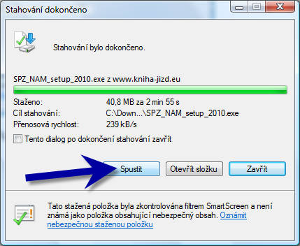 V závislosti na rychlosti Vašeho připojení to může trvat i několik minut. Na další stránce klikněte na označený odkaz SPZ_NAM_setup_2010.exe.