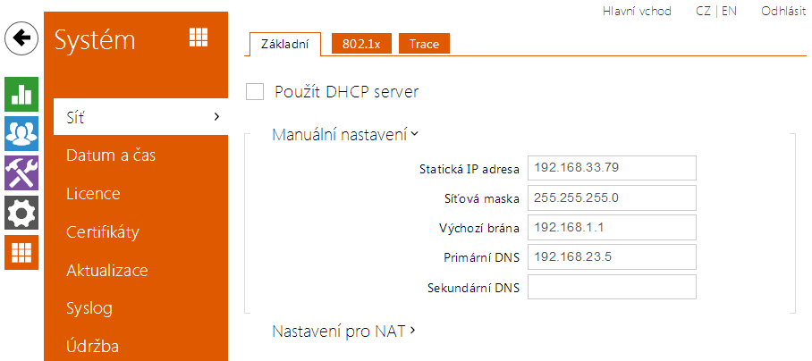 5.5.1 Síť Interkom 2N Helios IP se připojuje do lokální sítě a pro správnou funkci musí mít nastavenou platnou IP adresu, příp. může IP adresu získat z DHCP serveru v této síti.