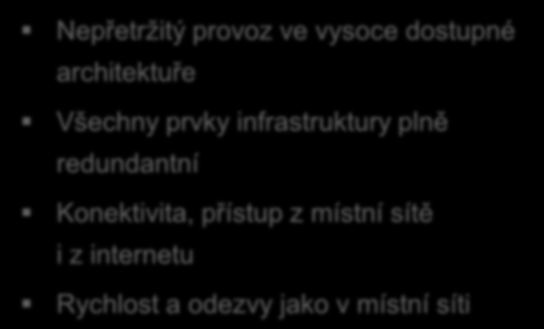 infrastruktury plně redundantní Konektivita, přístup z