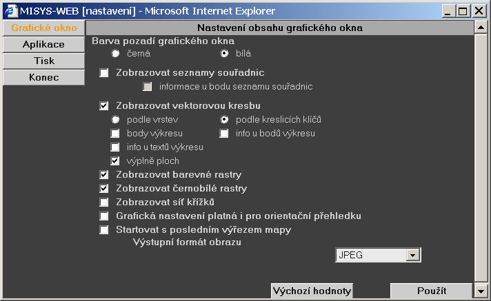 Funkce systému MISYS-WEB V levé části okna pro nastavení parametrů se nachází seznam tématických skupin parametrů (Grafické okno, Nastavení aplikace, Nastavení tisku).