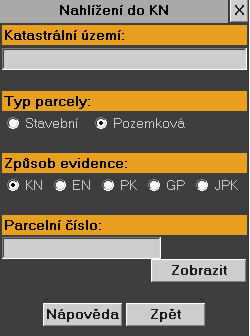 Doplňkové aplikace Vyhledání parcely Funkční panel pro vyhledání parcely se zobrazí po zvolení operace pomocí tlačítka z panelu nástrojů.