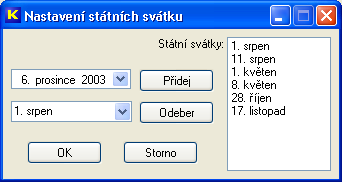 2.8 KALENDÁŘ Kalendář slouží k zadávání státních svátku. Státní svátky se uplatní v docházce a při nastavování rozšířené otvírací doby u skupin pro snímače. Obr.