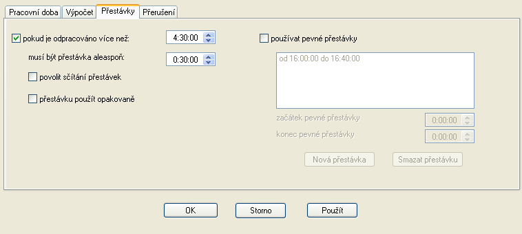 nastavuje na záložce Přerušení viz. kapitola 5.10. O každou uplatněnou přestávku je nutné prodloužit čas odchodu z práce, aby se splnil fond pracovní doby. Obr. 28.