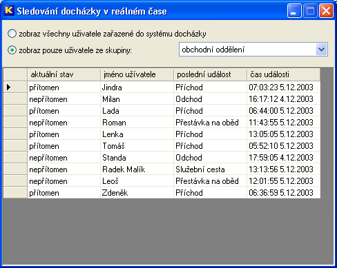 Pozn. Pokud je časový interval mezi dvěma stejnými událostmi menší než 1 minuta, není zpracování docházky druhá událost brána v potaz.