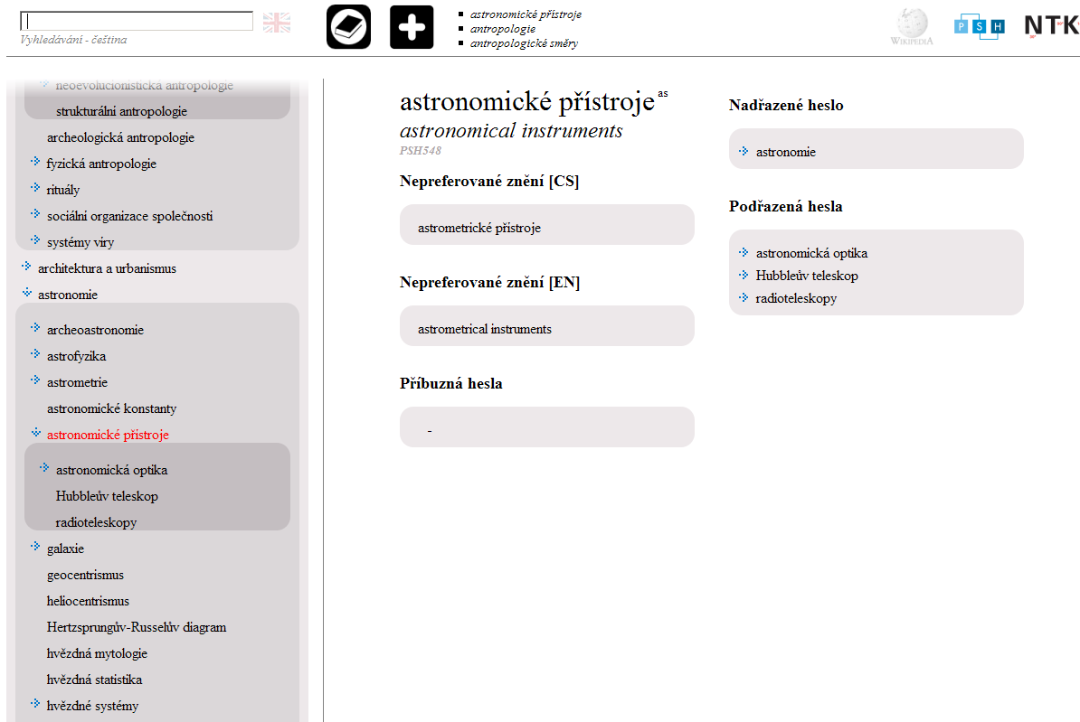 Obr. 10: Příklad zobrazení hesla "astronomické přístroje" v rozhraní PSH Manager Online 4.1.2.